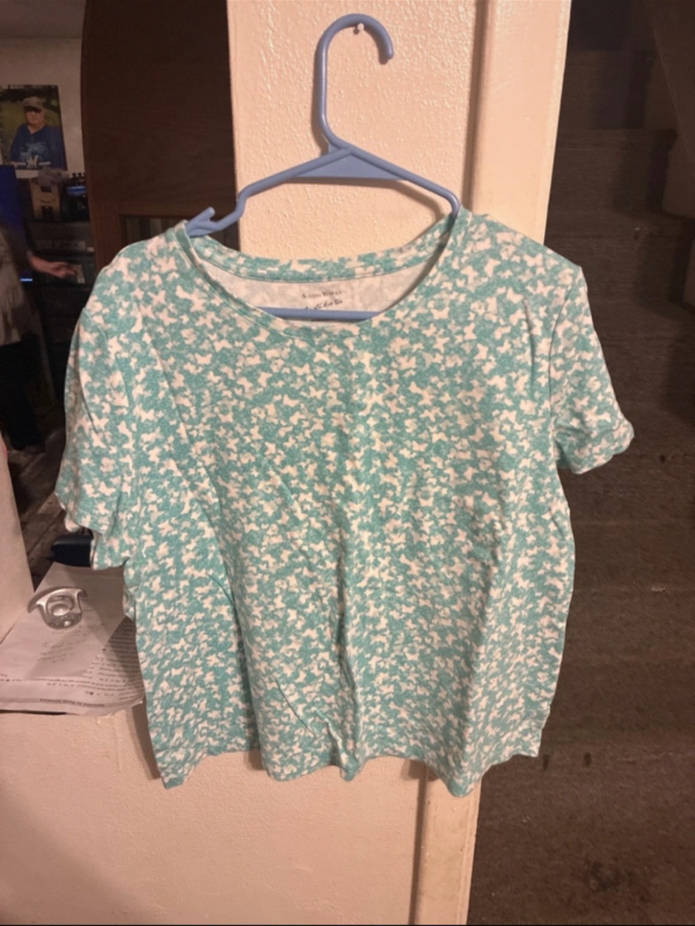 Studio Works Aqua and White Short Sleeve Floral Tee